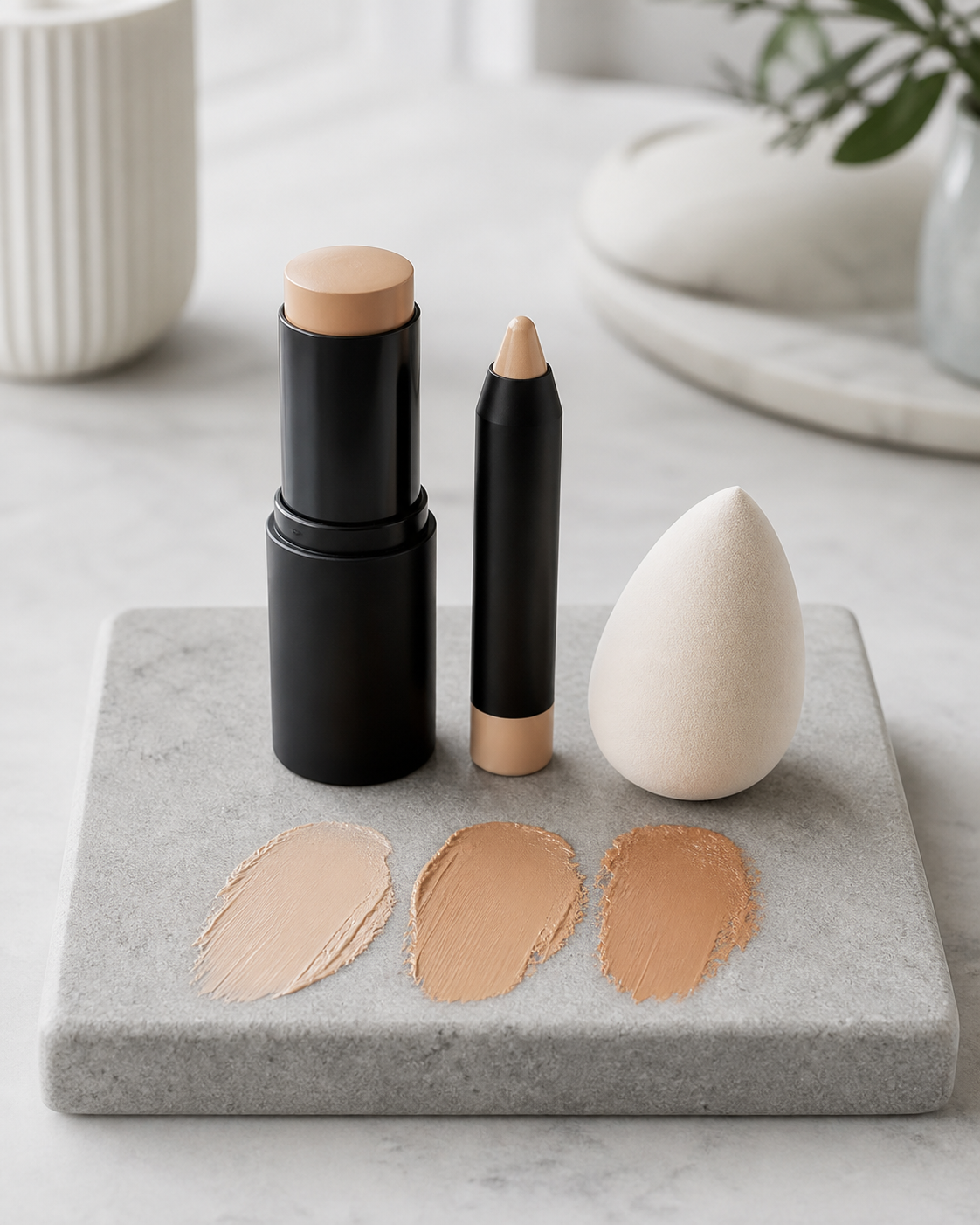 Unbranded foundation stick, concealer crayon and blending sponge with neutral swatches