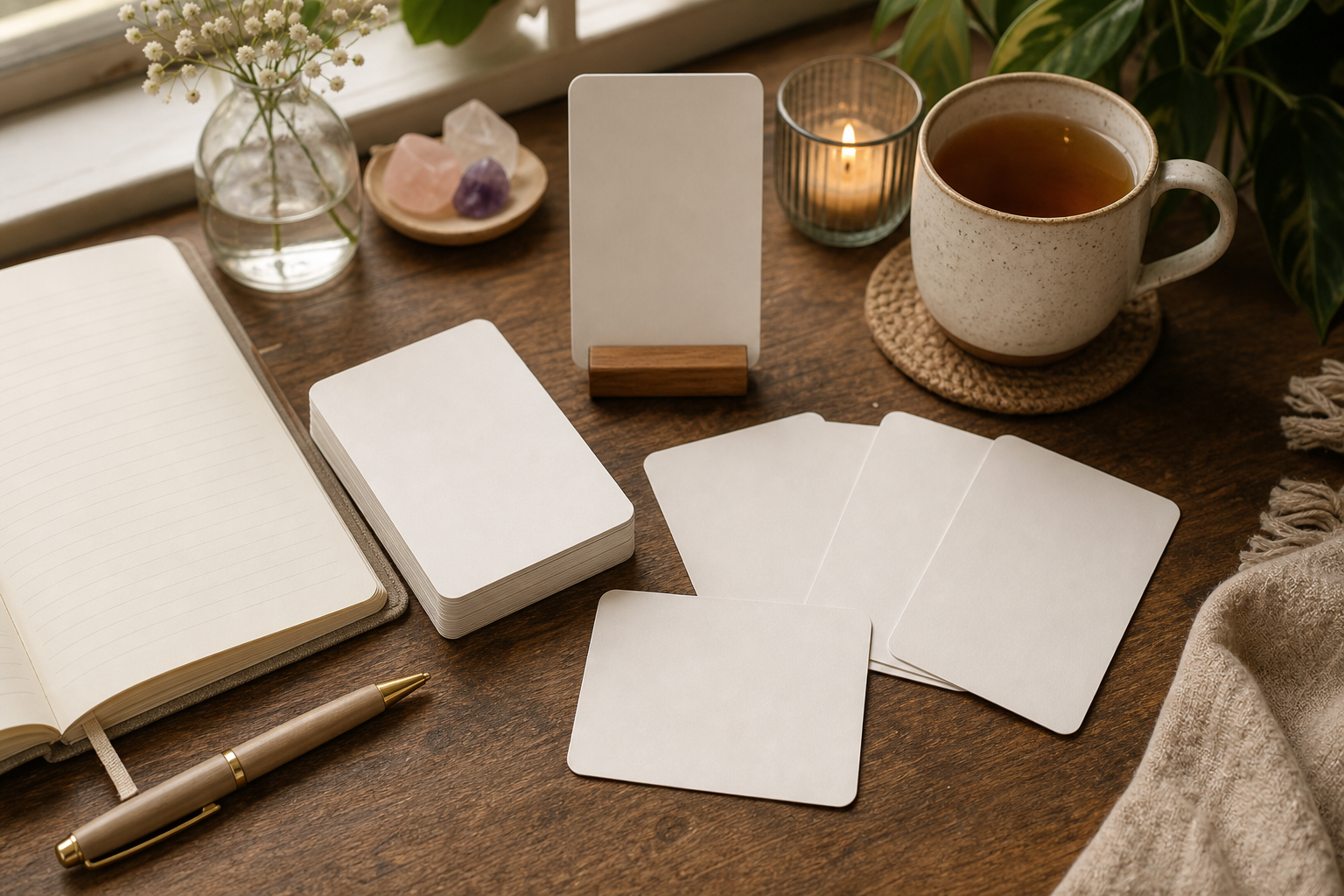 Non-branded notebook and cards on a quiet table