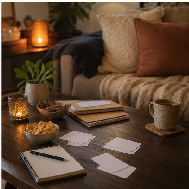 Non-branded conversation cards arranged on a quiet table