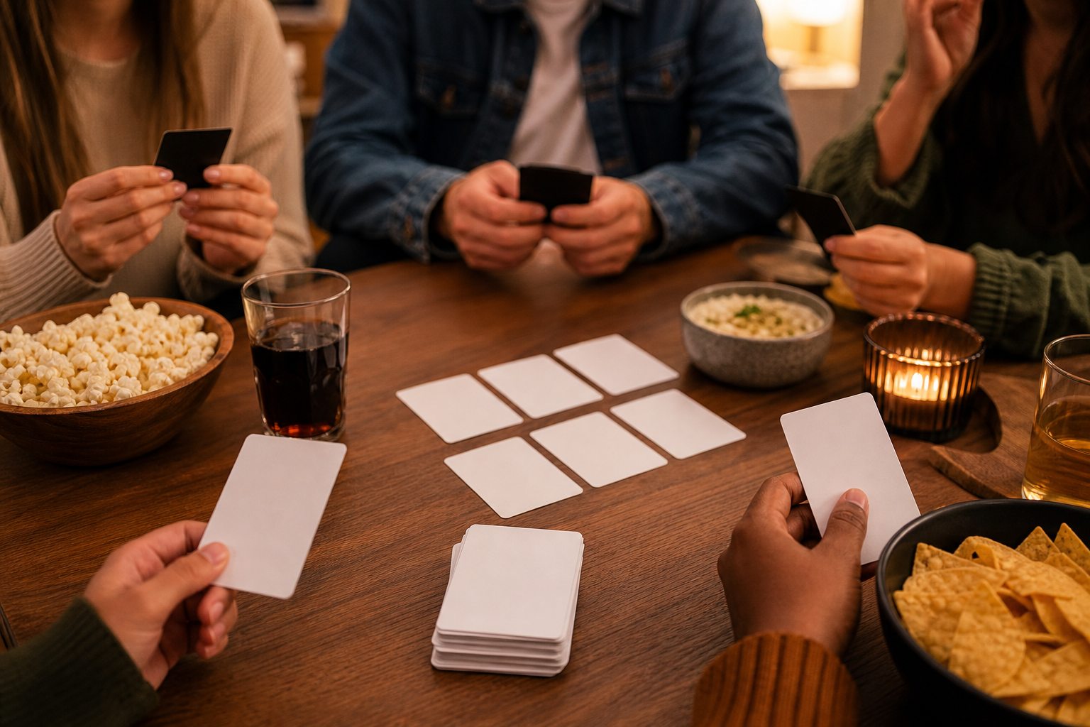 Non-branded friends gathered around cards on a table