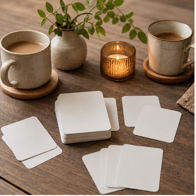 Blank cards and warm table setting for a giftable conversation activity